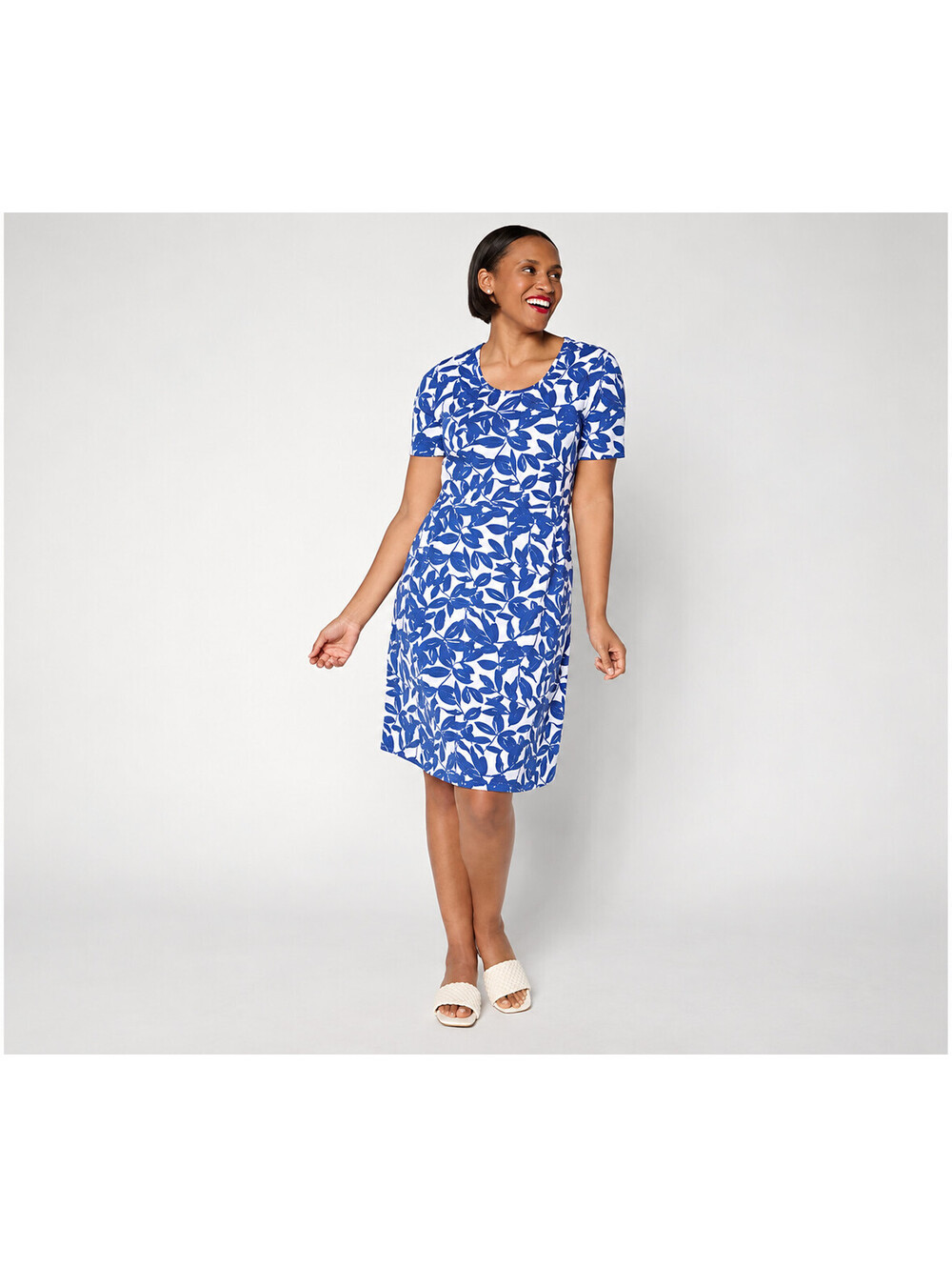 Denim & Co. Petite Favorite Jersey Printed or Solid Dress Blue Vine,Petite Small